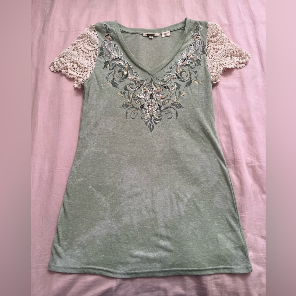 Miss Me Sage Green Top with Cream Lace Sleeves
